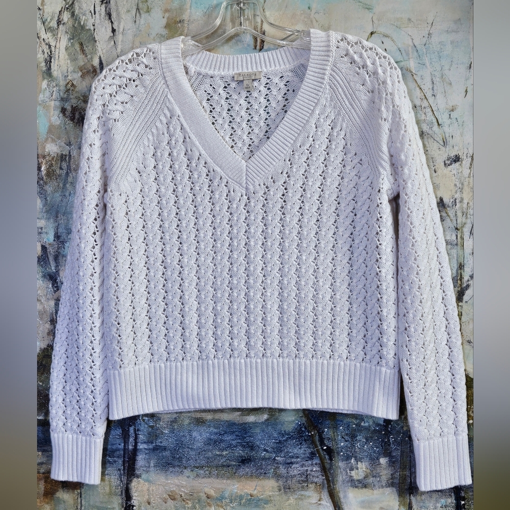 Talbots Petite PS Open Stitch/Pointelle V-neck Pullover Sweater Long Sleeves PS